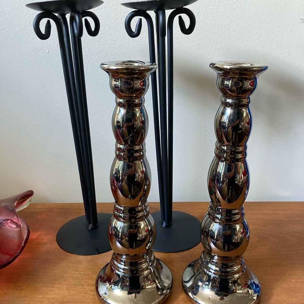 Duo of candle holders. 1 pair - tapers 1 pair - small pillars Ceramic & Metal